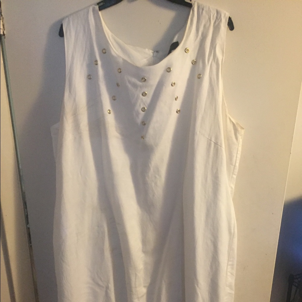 Linen white summer dress with gold eyelets